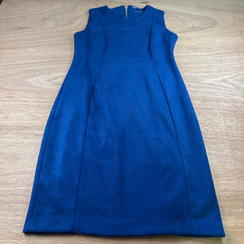 Calvin Klein Dress Size 10 Dark Teal/Blue Sleeveless Faux Suede Sheath Midi